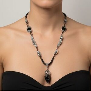 Mixed Media Crystal Skull Pendant VNTG Art-Deco Black Onyx & Silver Metalwork